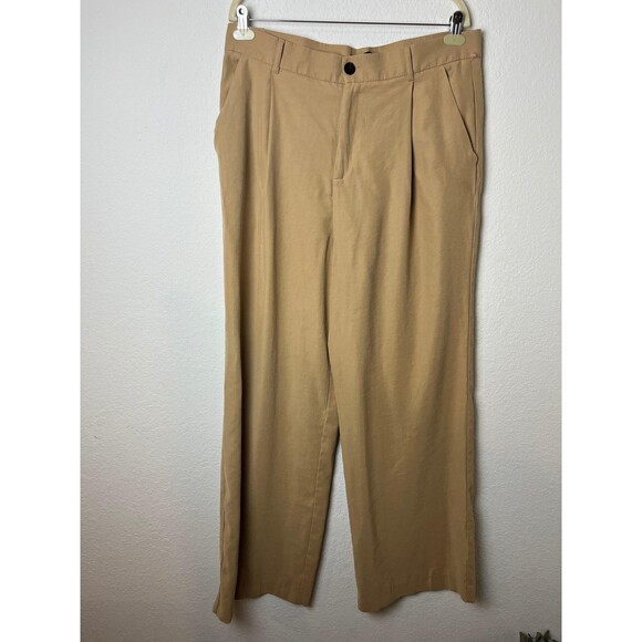 NWT ZARA Tan Khaki Pleated Trousers Chino Dress WIDE LEG Lightweight XXL - Picture 1 of 8